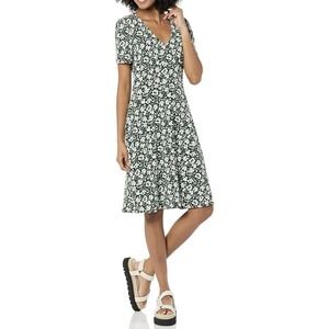 Women's Sz XXL 2XL Dark Green Floral Print Short Sleeve VNeck Fit Flare Dress